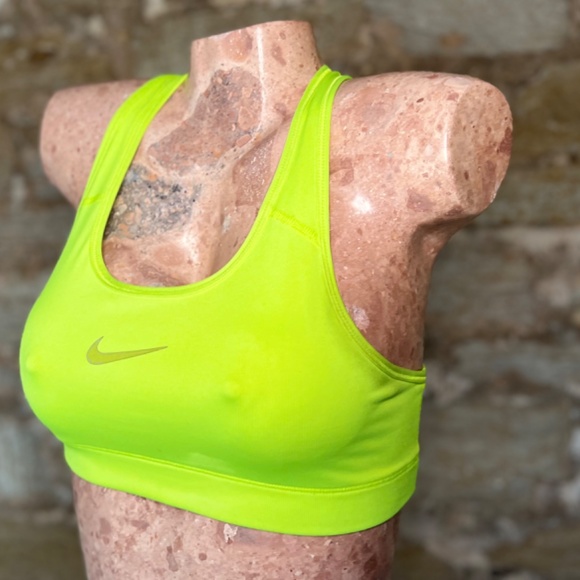 Nike MEDIUM Pro Dri-Fit Womens Neon Yellow Center Swoosh Racerback Sports Bra - Picture 2 of 3